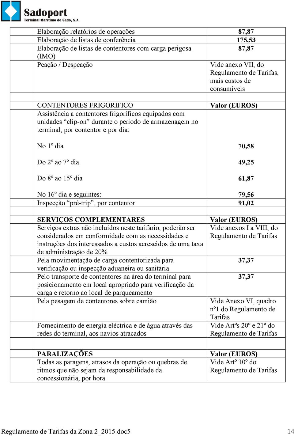 contentor e por dia: No 1º dia Do 2º ao 7º dia Do 8º ao 15º dia Valor (EUROS) 70,58 49,25 61,87 No 16º dia e seguintes: 79,56 Inspecção pré-trip, por contentor 91,02 SERVIÇOS COMPLEMENTARES Serviços