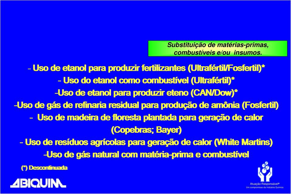 de floresta plantada para geração de calor (Copebras; Bayer) - Uso de resíduos agrícolas para geração de calor (White Martins)
