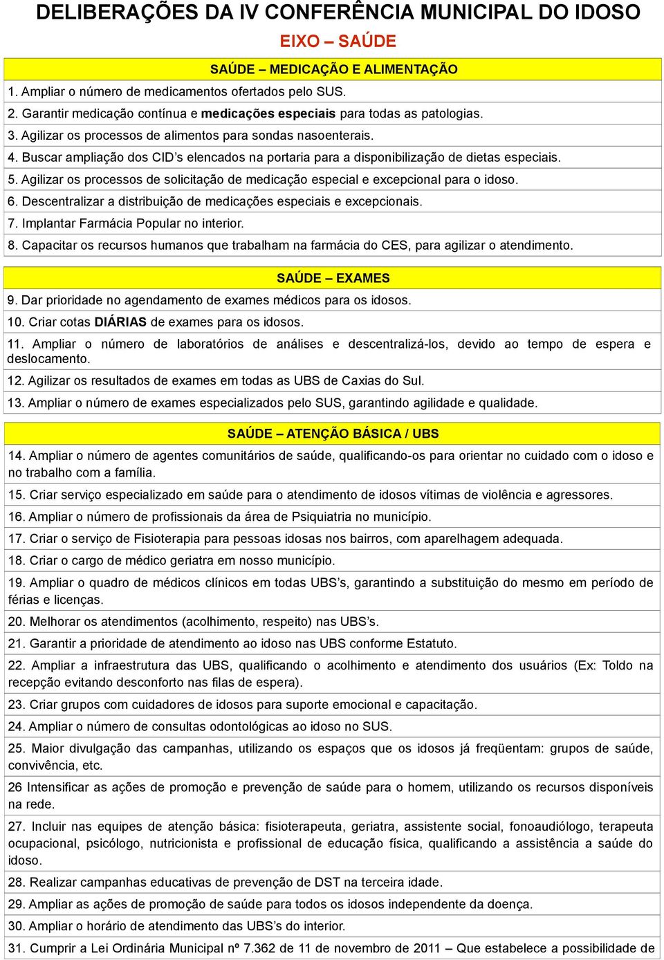 Buscar ampliação dos CID s elencados na portaria para a disponibilização de dietas especiais. 5. Agilizar os processos de solicitação de medicação especial e excepcional para o idoso. 6.