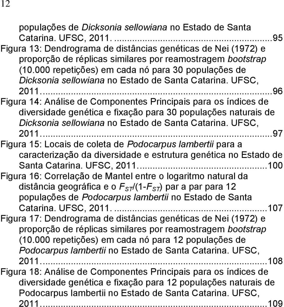 000 repetições) em cada nó para 30 populações de Dicksonia sellowiana no Estado de Santa Catarina. UFSC, 2011.