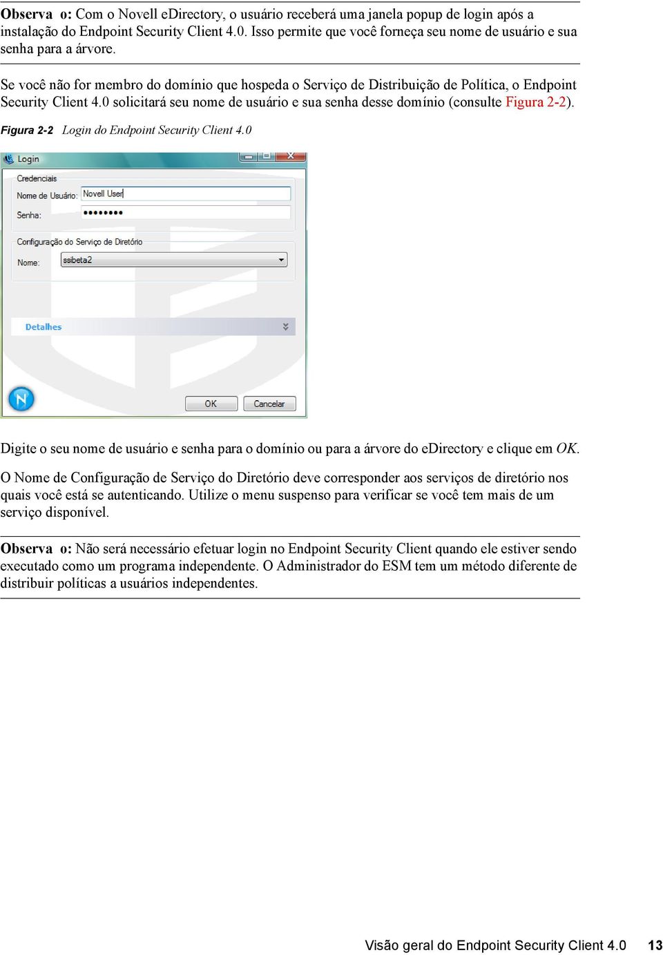 0 solicitará seu nome de usuário e sua senha desse domínio (consulte Figura 2-2). Figura 2-2 Login do Endpoint Security Client 4.