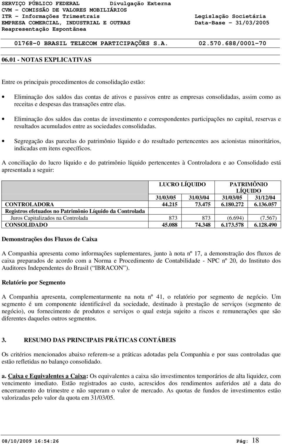 Segregação das parcelas do patrimônio líquido e do resultado pertencentes aos acionistas minoritários, indicadas em itens específicos.