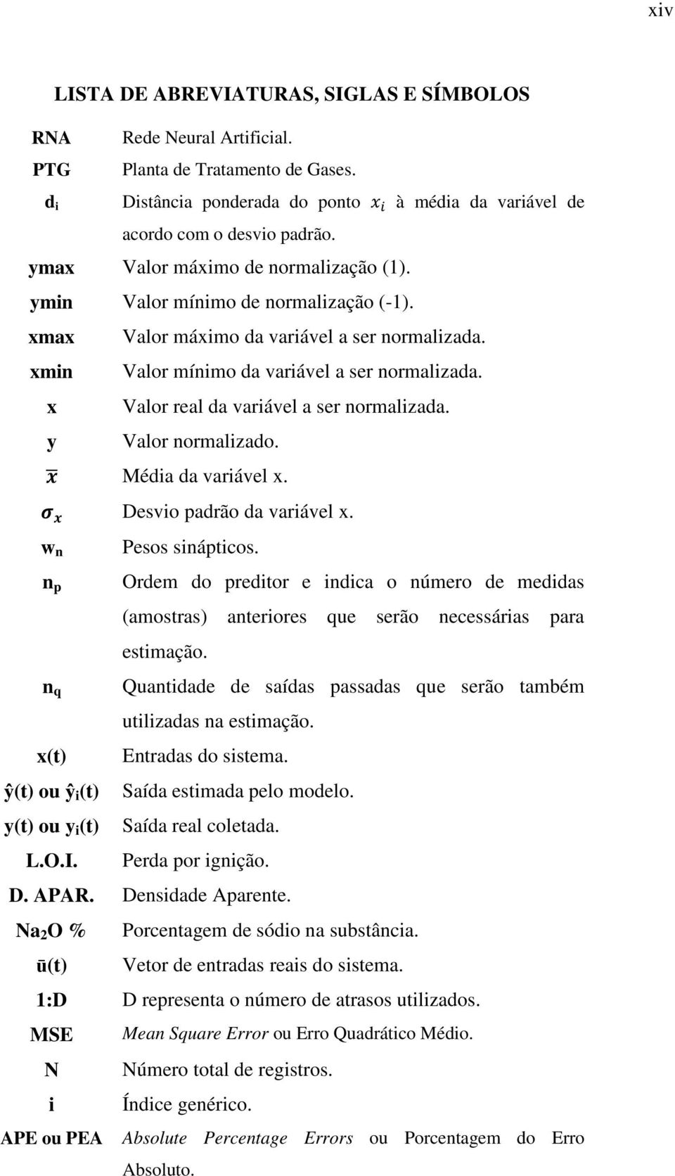 x Valor real da variável a ser normalizada. y Valor normalizado. Média da variável x. Desvio padrão da variável x. w n n p n q x(t) ŷ(t) ou ŷ i (t) y(t) ou y i (t) L.O.I. Pesos sinápticos.