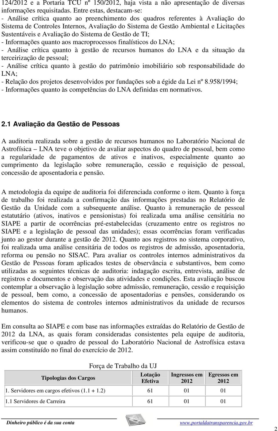 Sustentáveis e Avaliação do Sistema de Gestão de TI; - Informações quanto aos macroprocessos finalísticos do LNA; - Análise crítica quanto à gestão de recursos humanos do LNA e da situação da