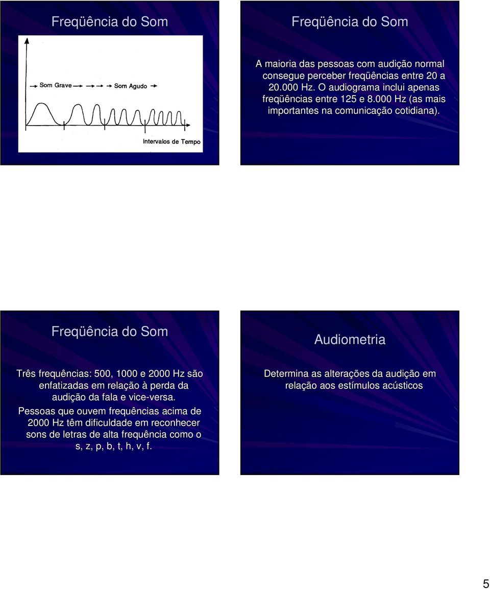 Freqüência do Som Audiometria Três frequências: : 500, 1000 e 2000 Hz são enfatizadas em relação à perda da audição da fala e vice-versa. versa.