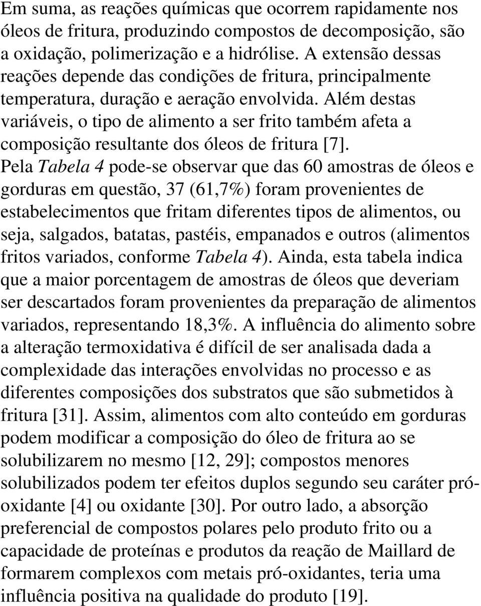 Além destas variáveis, o tipo de alimento a ser frito também afeta a composição resultante dos óleos de fritura [7].