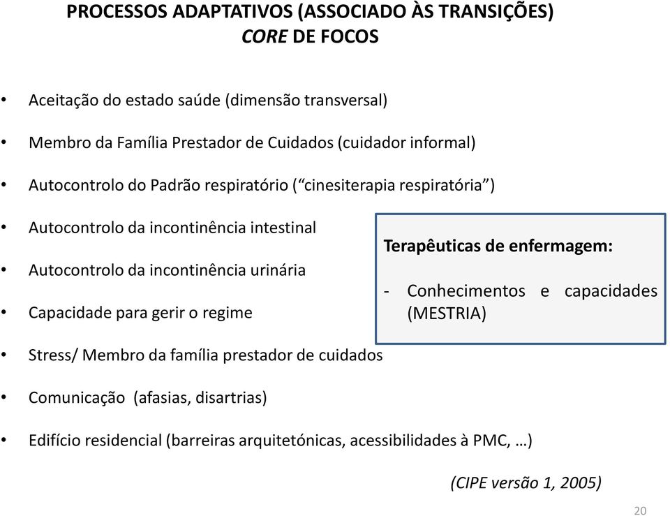 Autocontrolo da incontinência urinária Capacidade para gerir o regime Terapêuticas de enfermagem: - Conhecimentos e capacidades (MESTRIA) Stress/