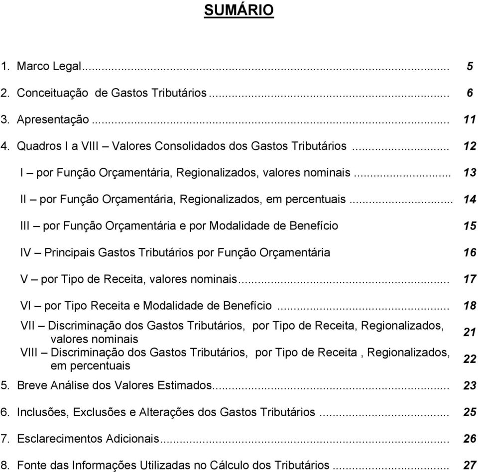 .. 14 III por Função Orçamentária e por Modalidade de Benefício 15 IV Principais Gastos Tributários por Função Orçamentária 16 V por Tipo de Receita, valores nominais.