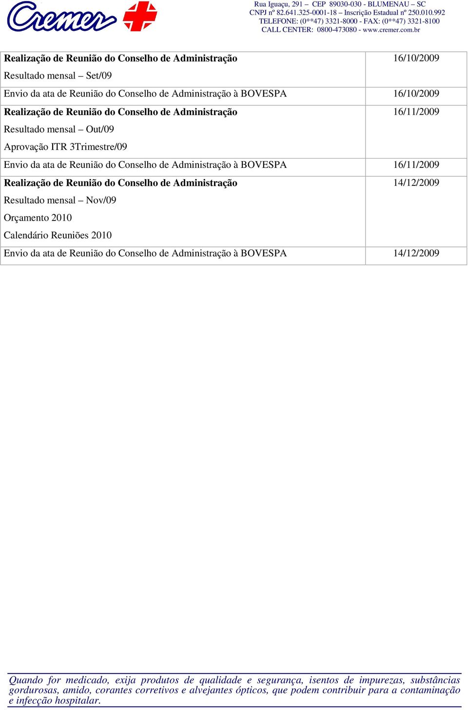 do Conselho de Administração à BOVESPA 16/11/2009 14/12/2009 Resultado mensal Nov/09 Orçamento