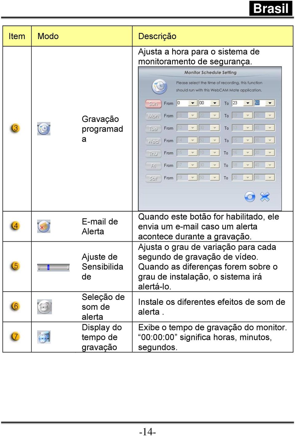 habilitado, ele envia um e-mail caso um alerta acontece durante a gravação. Ajusta o grau de variação para cada segundo de gravação de vídeo.