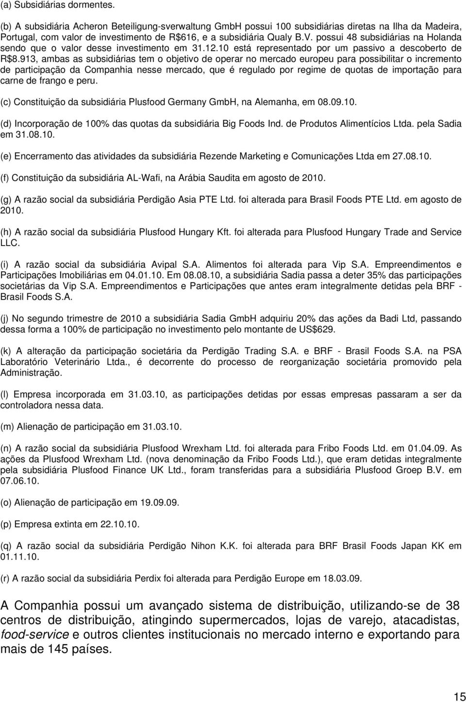 possui 48 subsidiárias na Holanda sendo que o valor desse investimento em 31.12.10 está representado por um passivo a descoberto de R$8.