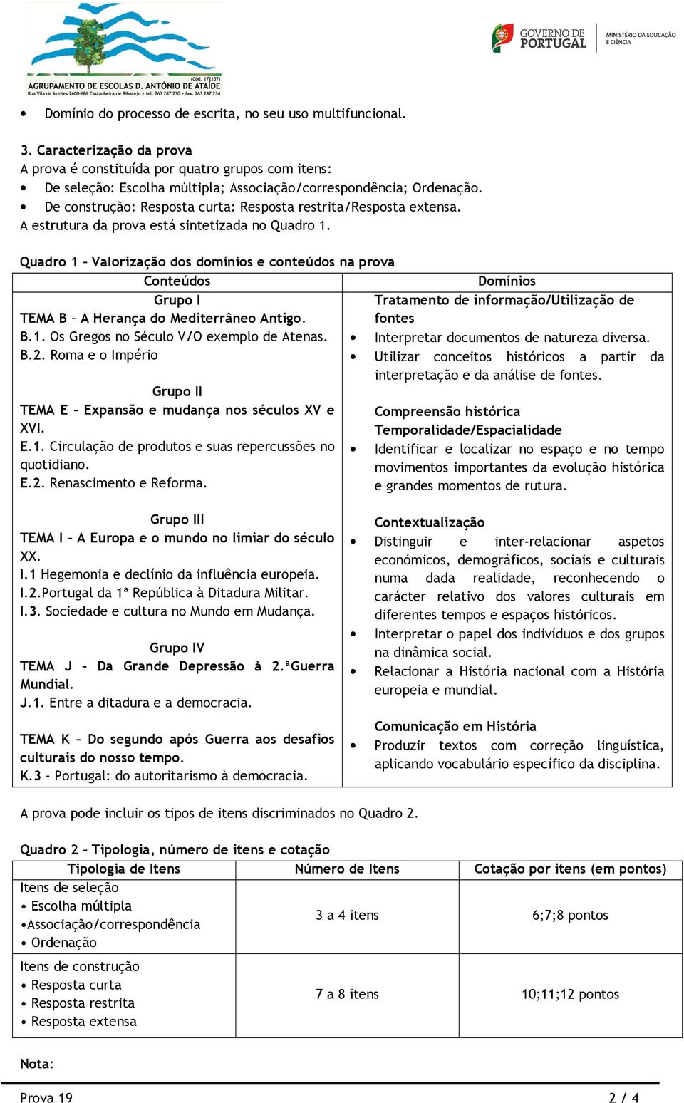 De construção: Resposta curta: Resposta restrita/resposta extensa. A estrutura da prova está sintetizada no Quadro 1.