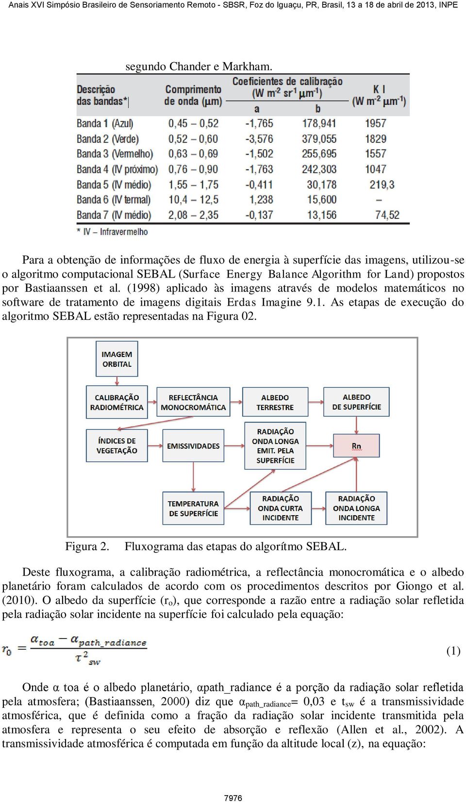 (1998) aplicado às imagens através de modelos matemáticos no software de tratamento de imagens digitais Erdas Imagine 9.1. As etapas de execução do algoritmo SEBAL estão representadas na Figura 02.