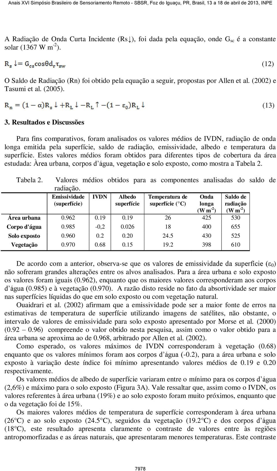 Resultados e Discussões Para fins comparativos, foram analisados os valores médios de IVDN, radiação de onda longa emitida pela superfície, saldo de radiação, emissividade, albedo e temperatura da