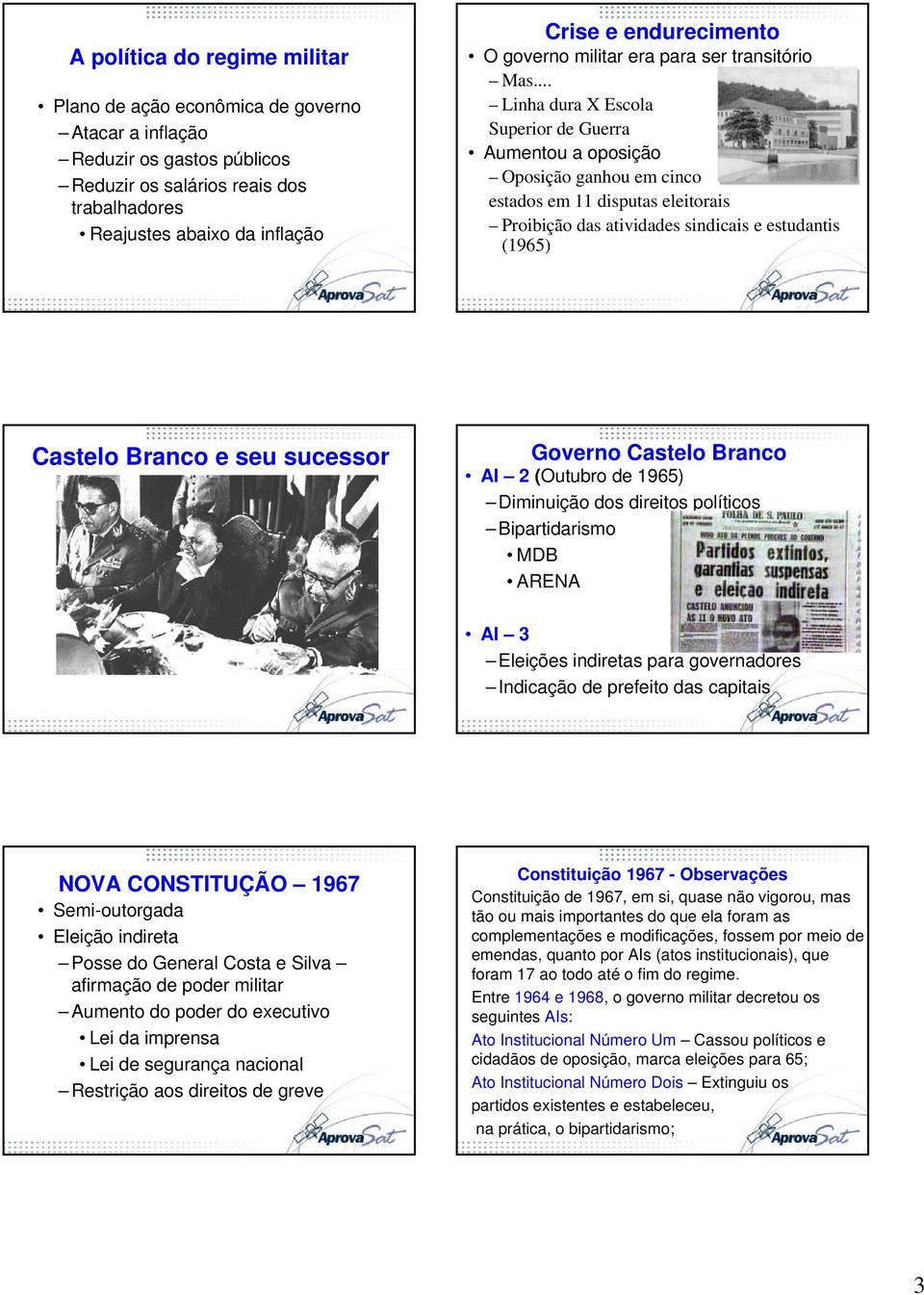 .. Linha dura X Escola Superior de Guerra Aumentou a oposição Oposição ganhou em cinco estados em 11 disputas eleitorais Proibição das atividades sindicais e estudantis (1965) Castelo Branco e seu