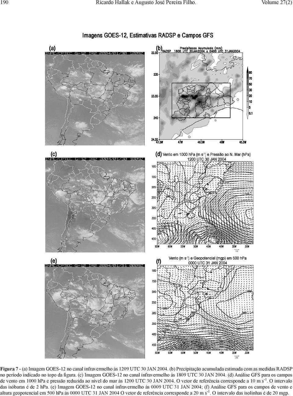 (d) Análise GFS para os campos de vento em 1000 hpa e pressão reduzida ao nível do mar às 1200 UTC 30 JAN 2004. O vetor de referência corresponde a 10 m s-1.