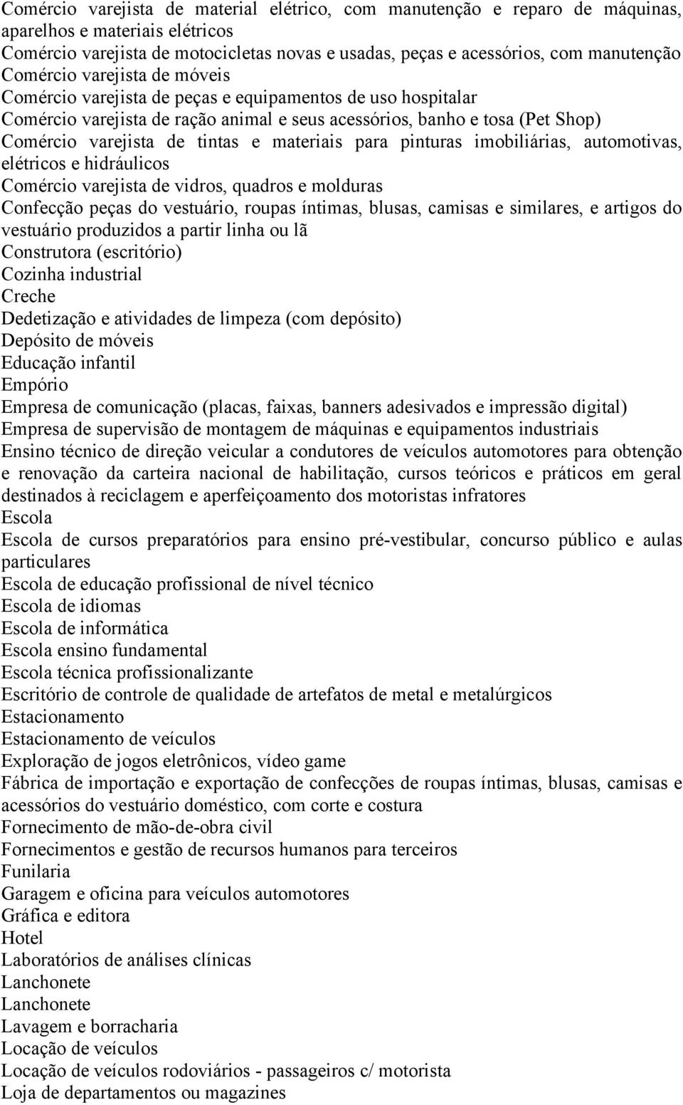 materiais para pinturas imobiliárias, automotivas, elétricos e hidráulicos Comércio varejista de vidros, quadros e molduras Confecção peças do vestuário, roupas íntimas, blusas, camisas e similares,