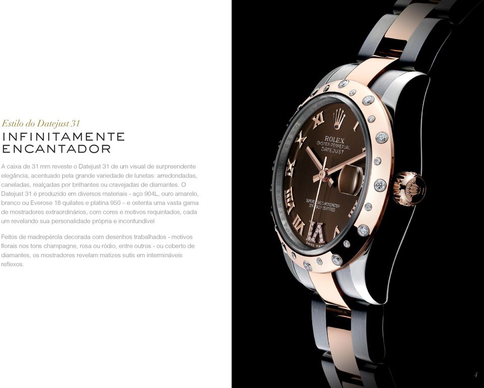 O Datejust 31 é produzido em diversos materiais - aço 904L, ouro amarelo, branco ou Everose 18 quilates e platina 950 e ostenta uma vasta gama de mostradores extraordinários, com