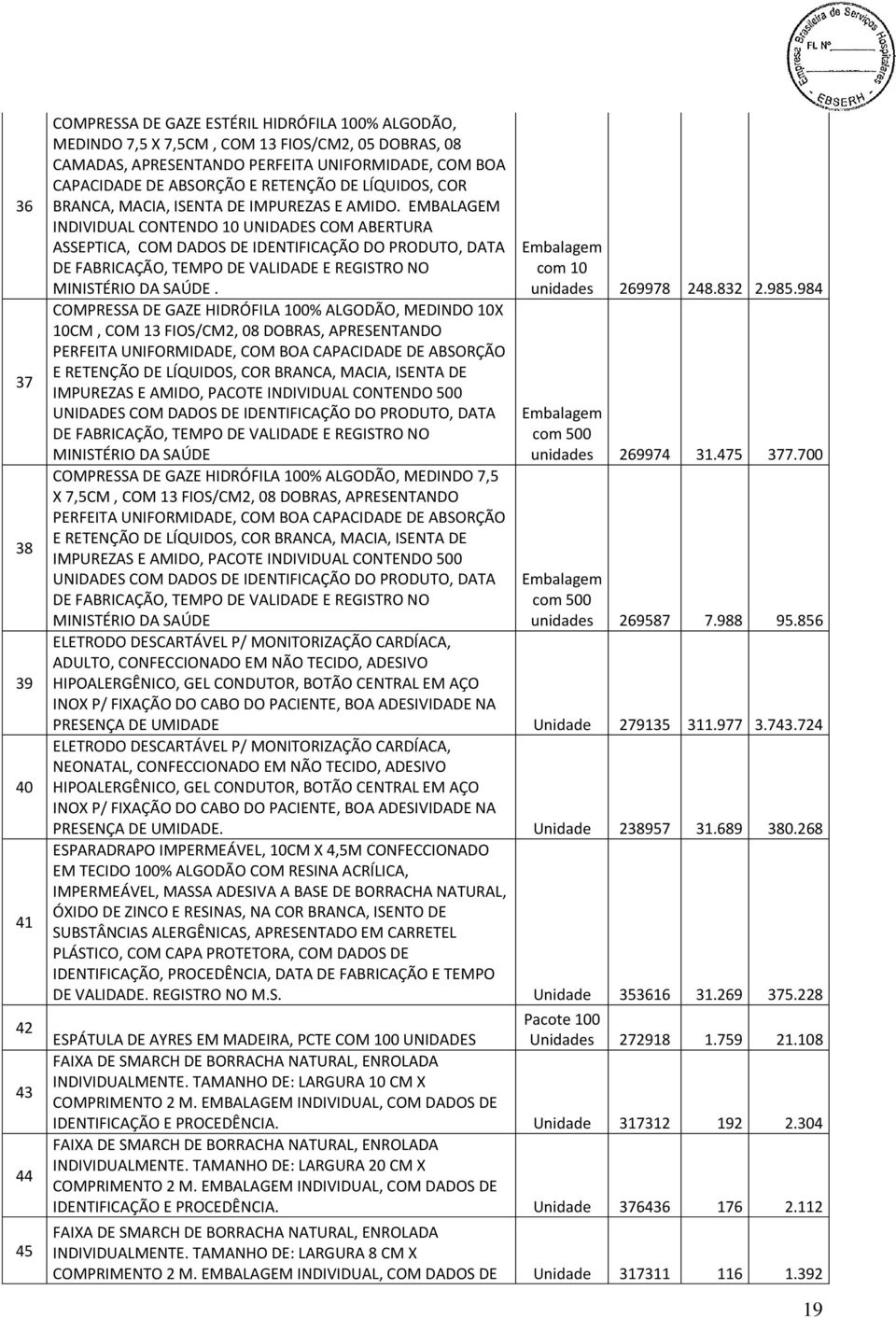 EMBALAGEM INDIVIDUAL CONTENDO 10 UNIDADES COM ABERTURA ASSEPTICA, COM DADOS DE IDENTIFICAÇÃO DO PRODUTO, DATA DE FABRICAÇÃO, TEMPO DE VALIDADE E REGISTRO NO MINISTÉRIO DA SAÚDE.