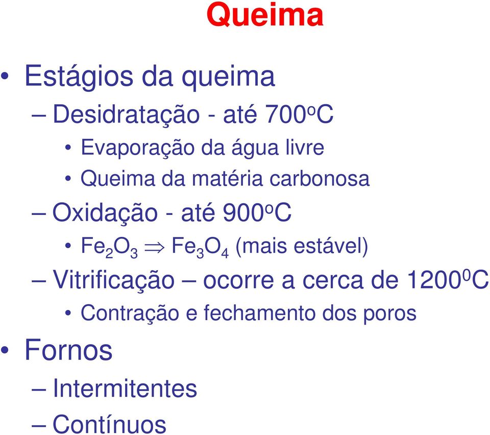 O 3 Fe 3 O 4 (mais estável) Vitrificação ocorre a cerca de 1200 0