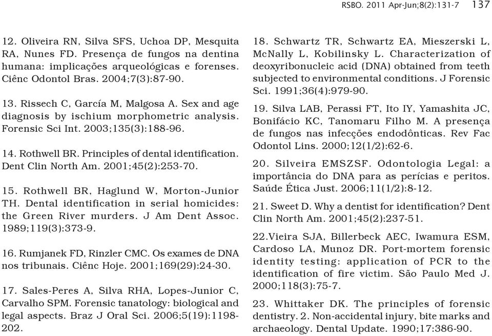 Dent Clin North Am. 2001;45(2):253-70. 15. Rothwell BR, Haglund W, Morton-Junior TH. Dental identification in serial homicides: the Green River murders. J Am Dent Assoc. 1989;119(3):373-9. 16.