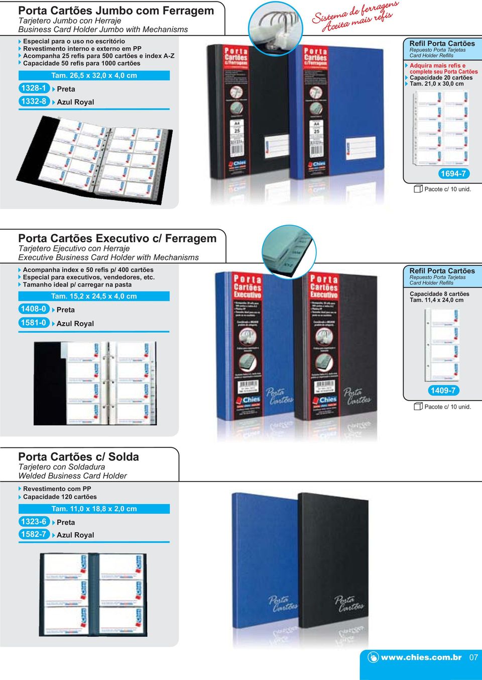 26,5 x 32,0 x 4,0 cm 1328-1 Preta 1332-8 Azul Royal Refil Porta Cartões Repuesto Porta Tarjetas Card Holder Refills Adquira mais refis e complete seu Porta Cartões Capacidade 20 cartões Tam.