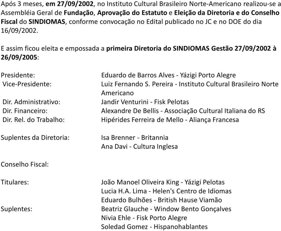 E assim ficou eleita e empossada a primeira Diretoria do SINDIOMASGestão 27/09/2002 à 26/09/2005: Presidente: Vice-Presidente: Dir. Administrativo: Dir. Financeiro: Dir. Rel.