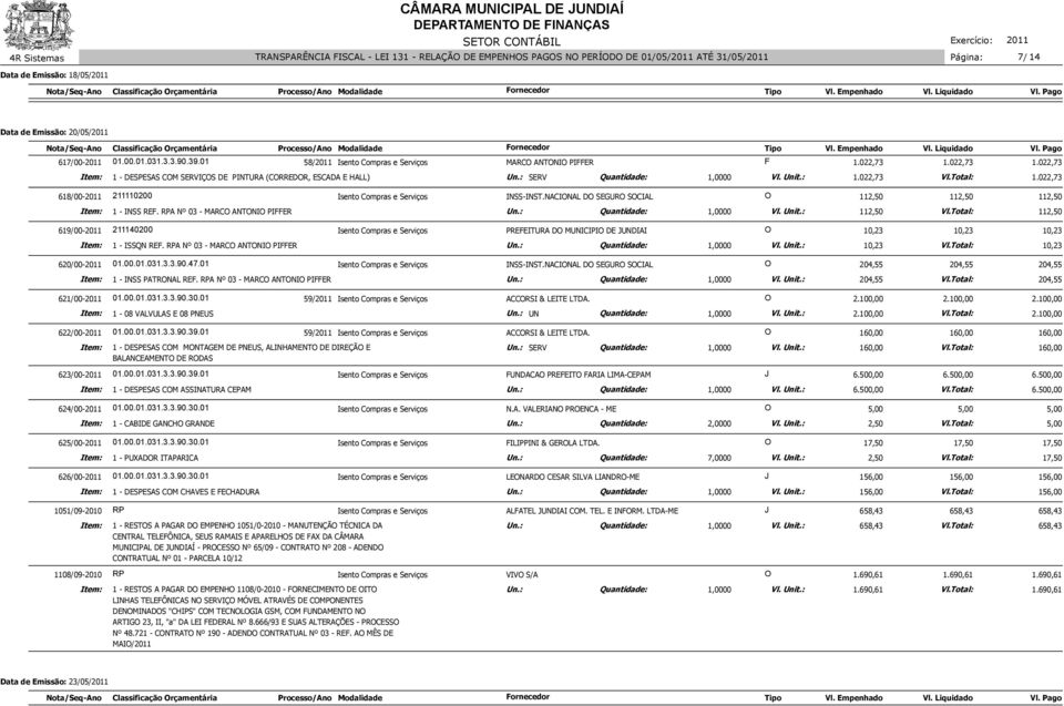 NACIONAL DO SEGURO SOCIAL O 112,50 112,50 1 - INSS REF. RPA Nº 03 - MARCO ANTONIO PIFFER 112,50 Vl.