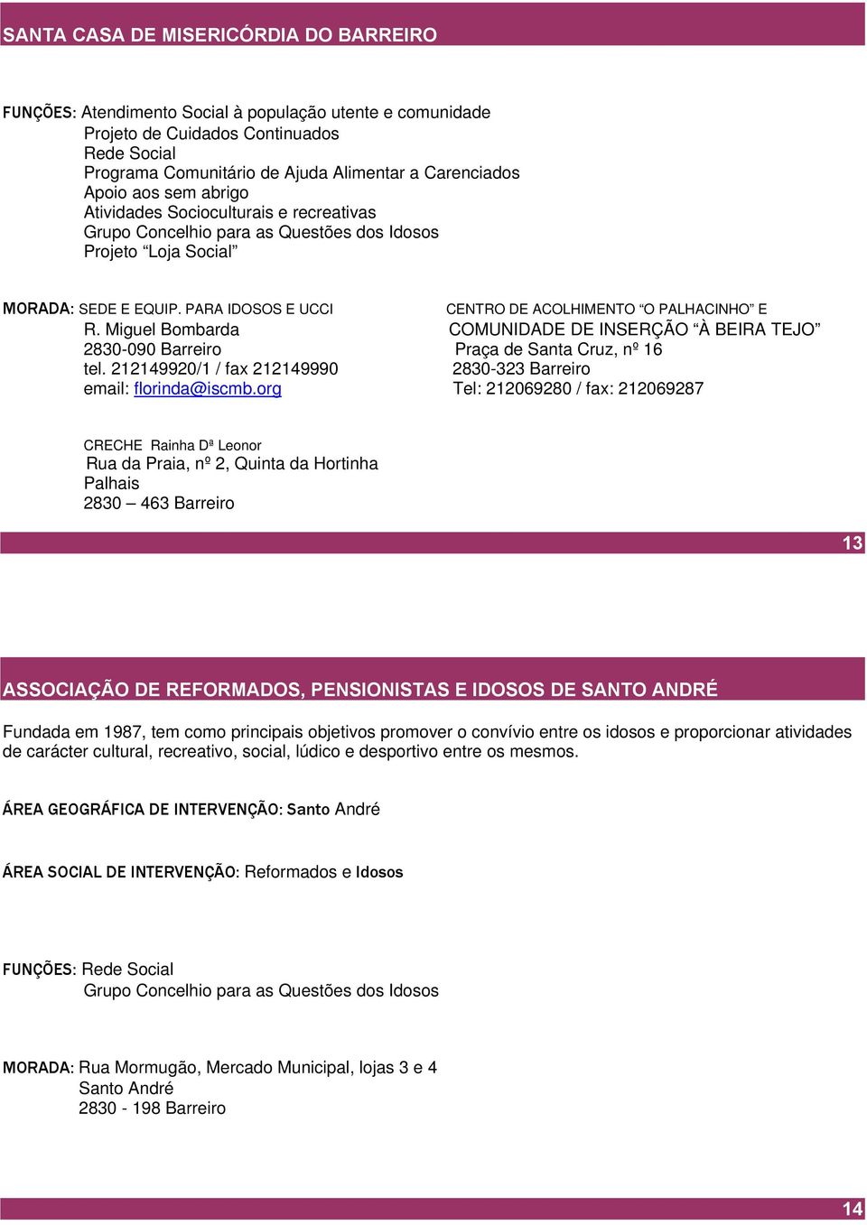 PARA IDOSOS E UCCI CENTRO DE ACOLHIMENTO O PALHACINHO E R. Miguel Bombarda COMUNIDADE DE INSERÇÃO À BEIRA TEJO 2830-090 Barreiro Praça de Santa Cruz, nº 16 tel.