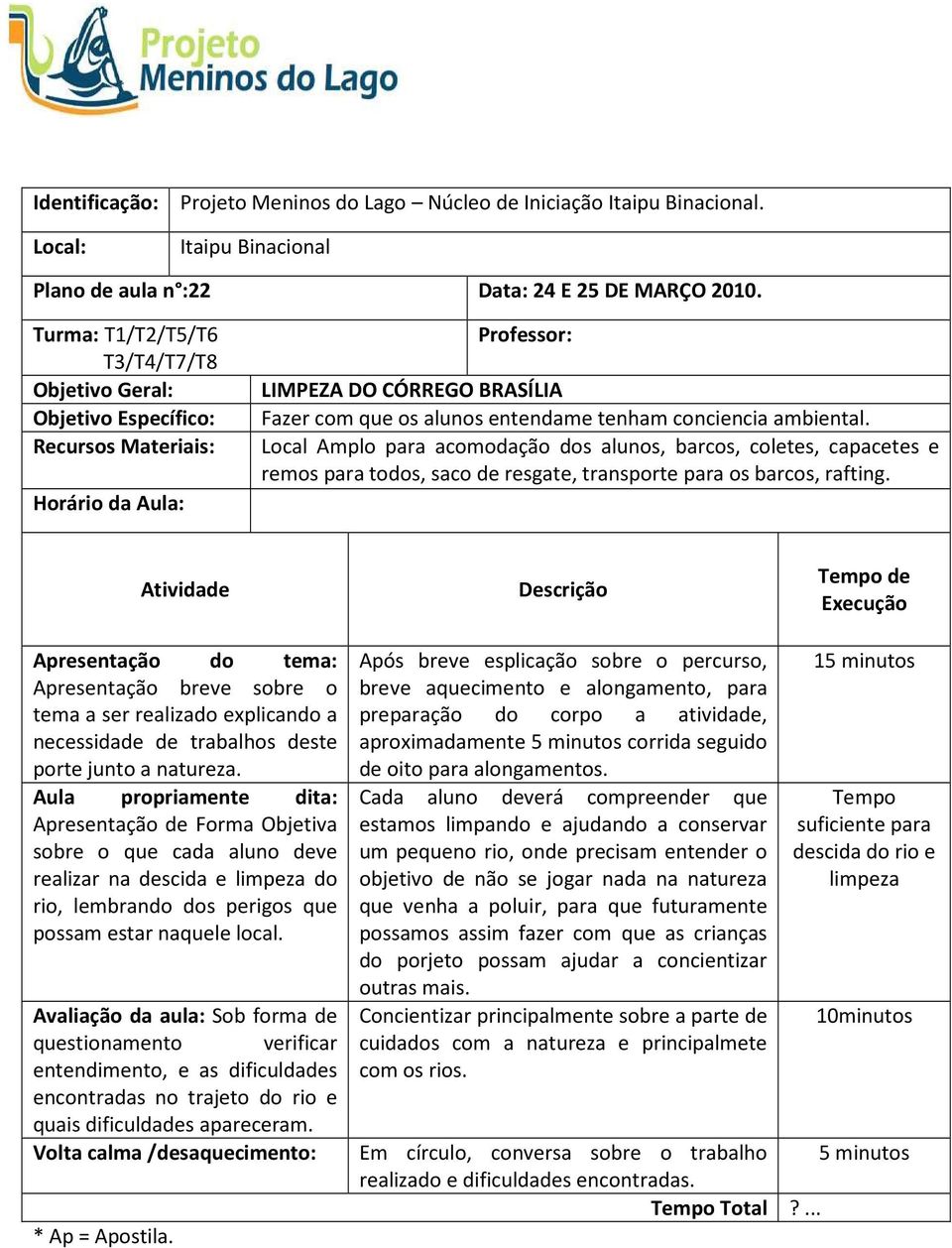 Apresentação breve sobre o tema a ser realizado explicando a necessidade de trabalhos deste porte junto a natureza.