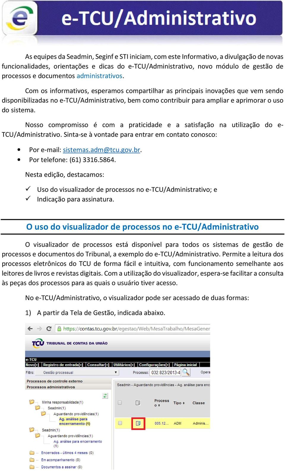 Com os informativos, esperamos compartilhar as principais inovações que vem sendo disponibilizadas no e-tcu/administrativo, bem como contribuir para ampliar e aprimorar o uso do sistema.