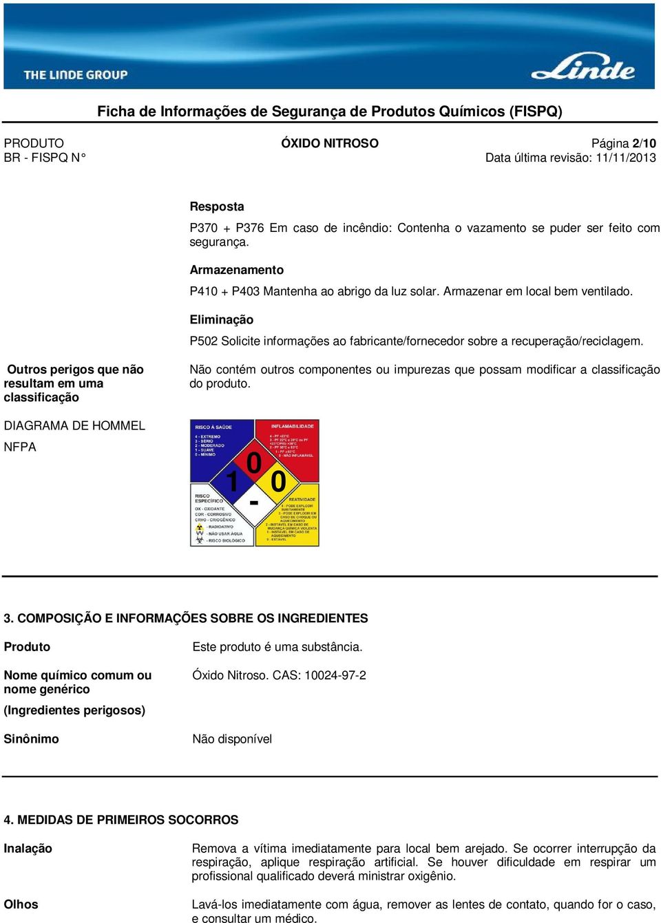 Outros perigos que não resultam em uma classificação Não contém outros componentes ou impurezas que possam modificar a classificação do produto. DIAGRAMA DE HOMMEL NFPA 0 1-0 3.