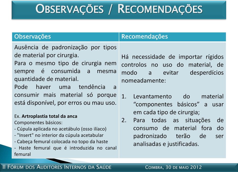 Artroplastia total da anca Componentes básicos: - Cúpula aplicada no acetábulo (osso ilíaco) - "Insert" no interior da cúpula acetabular - Cabeça femural colocada no topo da haste - Haste femural que