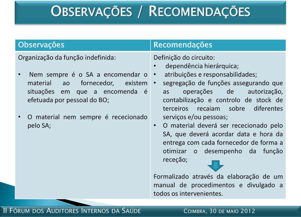 que as operações de autorização, contabilização e controlo de stock de terceiros recaiam sobre diferentes serviços e/ou pessoas; O material deverá ser rececionado pelo SA, que deverá