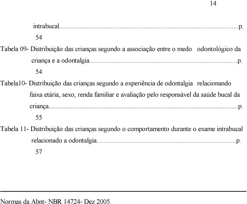 54 Tabela10- Distribuição das crianças segundo a experiência de odontalgia relacionando faixa etária, sexo, renda