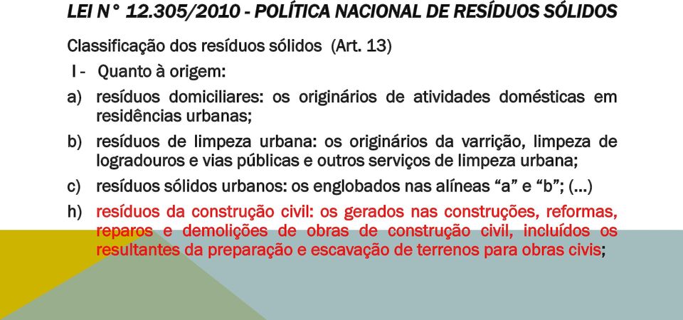 originários da varrição, limpeza de logradouros e vias públicas e outros serviços de limpeza urbana; c) resíduos sólidos urbanos: os englobados nas