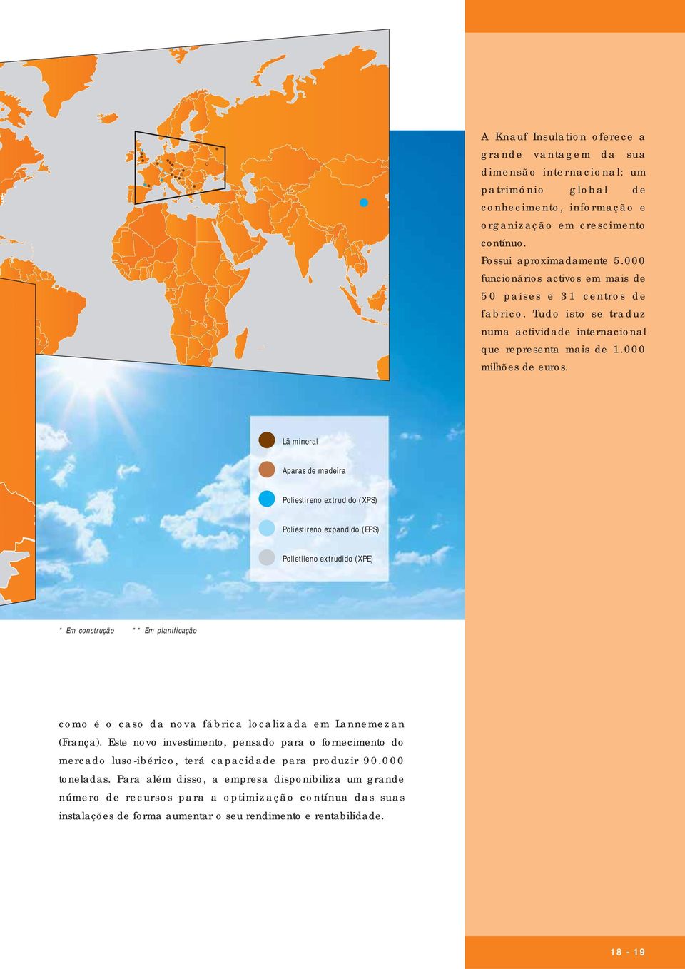 Lã mineral Aparas de madeira Poliestireno extrudido (XPS) Poliestireno expandido (EPS) Polietileno extrudido (XPE) * Em construção ** Em planificação como é o caso da nova fábrica localizada em