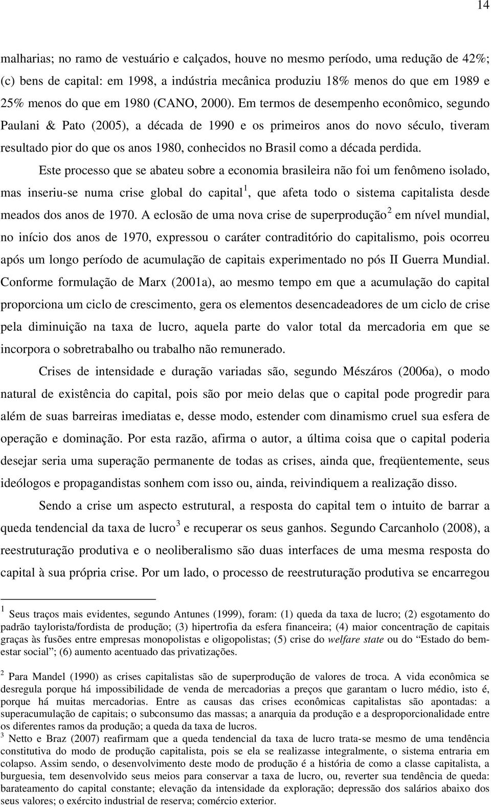 Em termos de desempenho econômico, segundo Paulani & Pato (2005), a década de 1990 e os primeiros anos do novo século, tiveram resultado pior do que os anos 1980, conhecidos no Brasil como a década