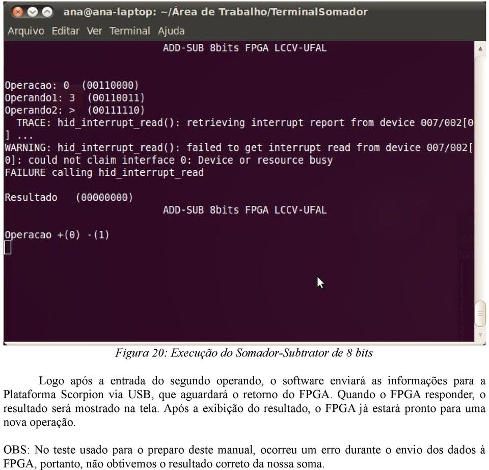 Quando o FPGA responder, o resultado será mostrado na tela.