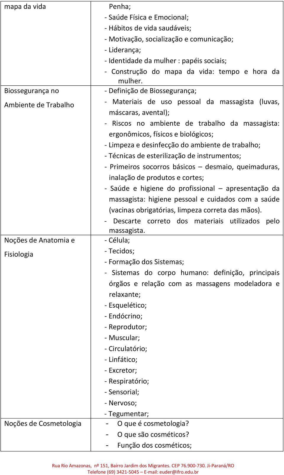 - Definição de Biossegurança; - Materiais de uso pessoal da massagista (luvas, máscaras, avental); - Riscos no ambiente de trabalho da massagista: ergonômicos, físicos e biológicos; - Limpeza e