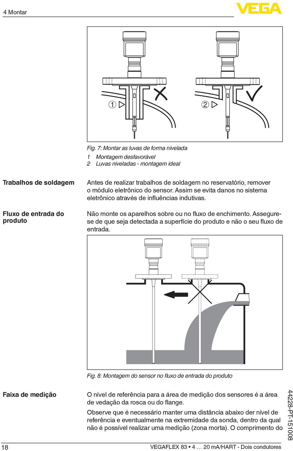 reservatório, remover o módulo eletrônico do sensor. Assim se evita danos no sistema eletrônico através de influências indutivas. Não monte os aparelhos sobre ou no fluxo de enchimento.