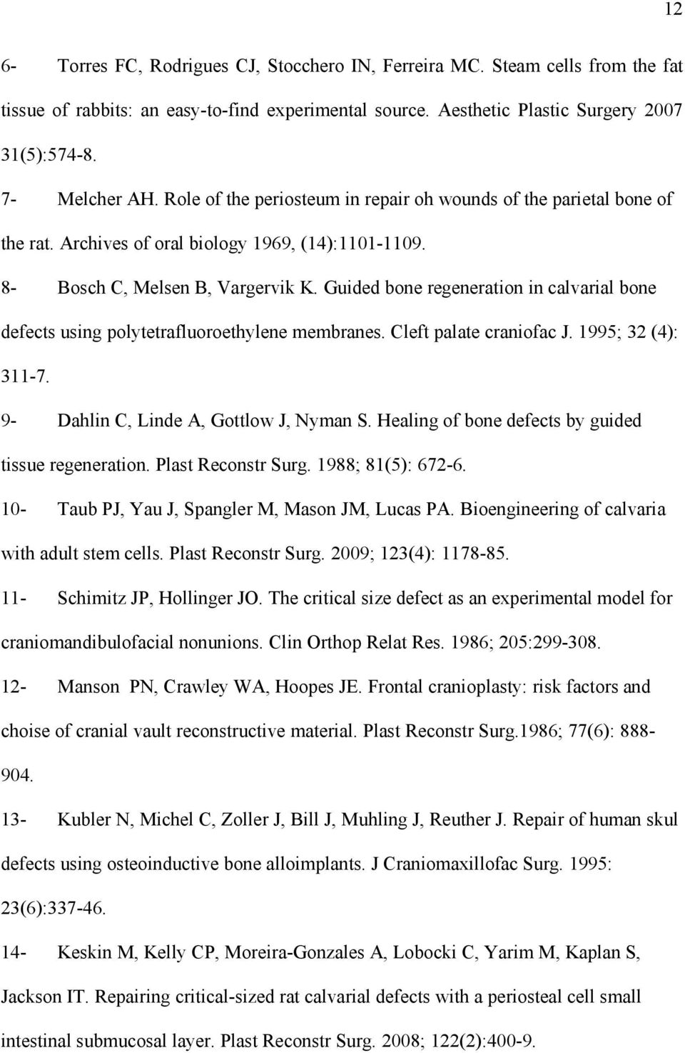 Guided bone regeneration in calvarial bone defects using polytetrafluoroethylene membranes. Cleft palate craniofac J. 1995; 32 (4): 311-7. 9- Dahlin C, Linde A, Gottlow J, Nyman S.