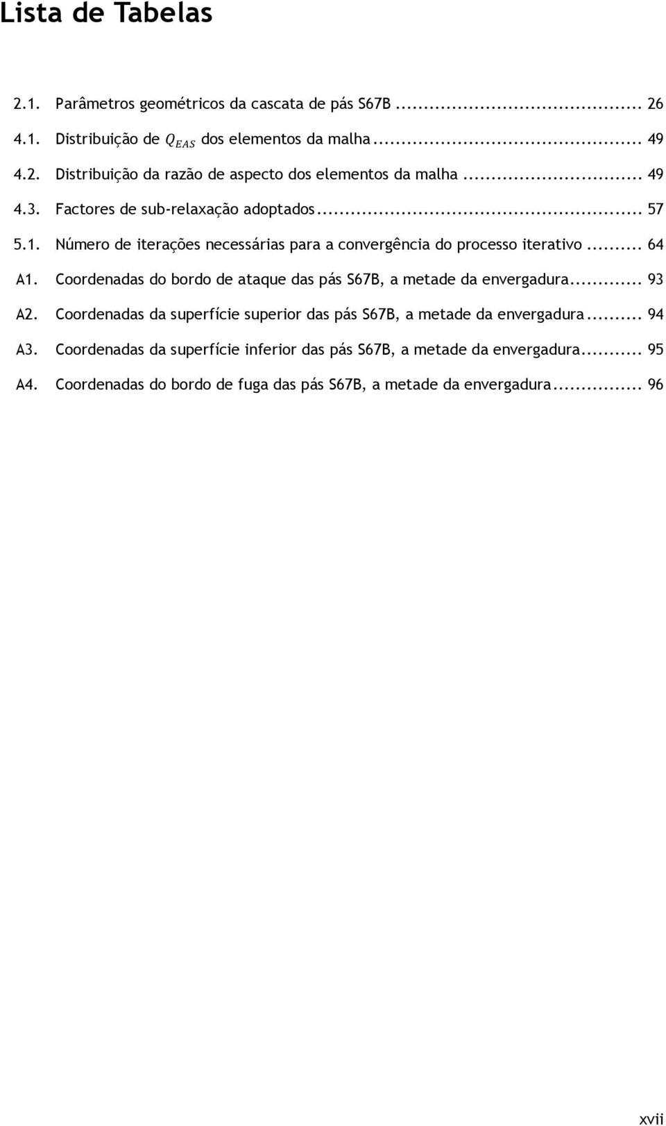 Coordenadas do bordo de ataque das pás S67B, a metade da envergadura... 93 A2. Coordenadas da superfície superior das pás S67B, a metade da envergadura... 94 A3.