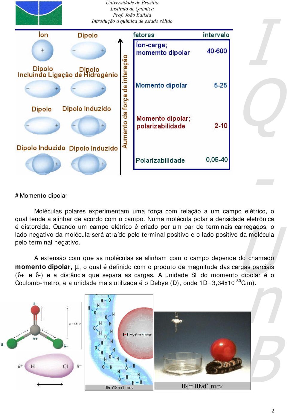 Quando um campo elétrico é criado por um par de terminais carregados, o lado negativo da molécula será atraído pelo terminal positivo e o lado positivo da molécula pelo