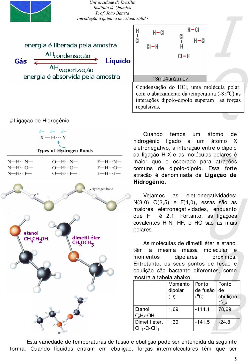 comuns de dipolo-dipolo. Essa forte atração é denominada de Ligação de Hidrogênio.