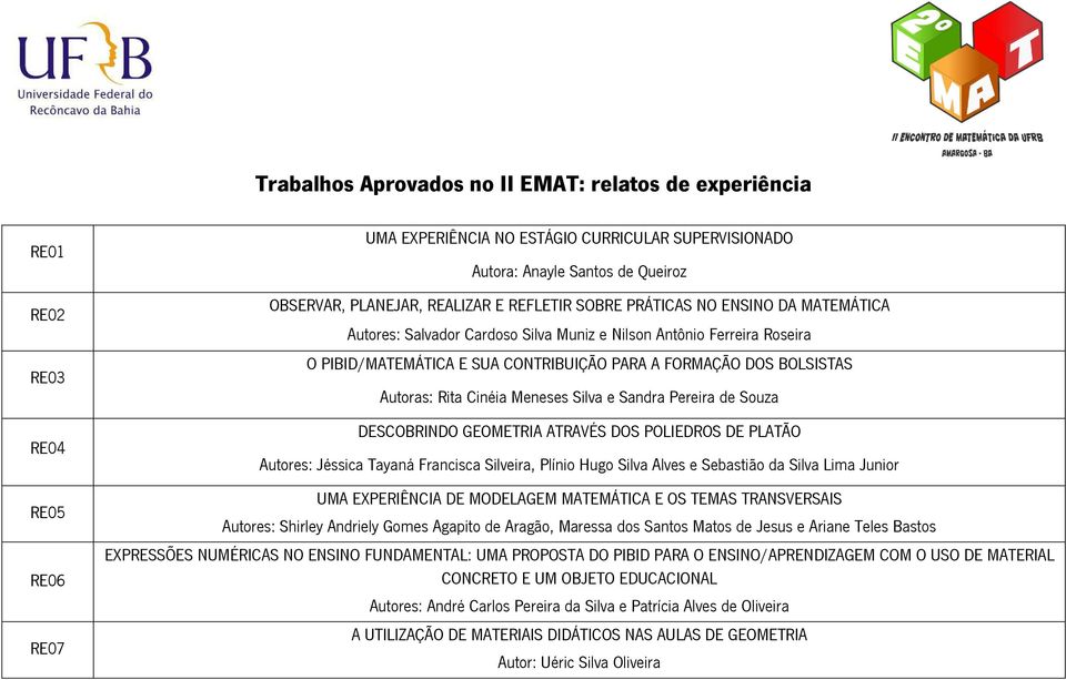 Autoras: Rita Cinéia Meneses Silva e Sandra Pereira de Souza DESCOBRINDO GEOMETRIA ATRAVÉS DOS POLIEDROS DE PLATÃO Autores: Jéssica Tayaná Francisca Silveira, Plínio Hugo Silva Alves e Sebastião da