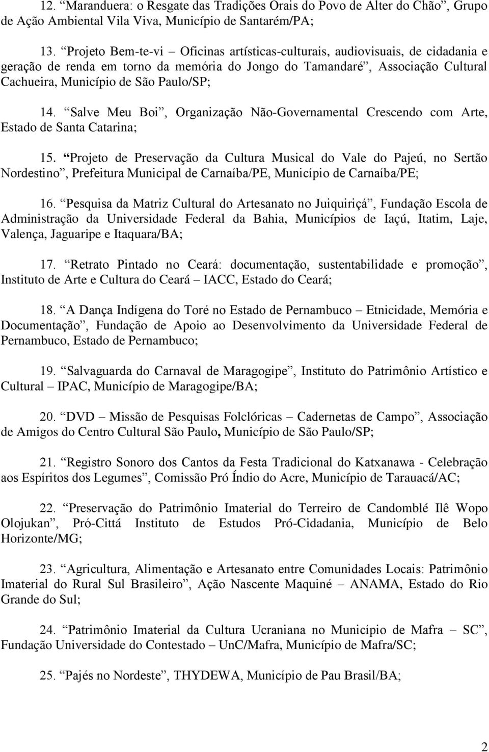 Salve Meu Boi, Organização Não-Governamental Crescendo com Arte, Estado de Santa Catarina; 15.