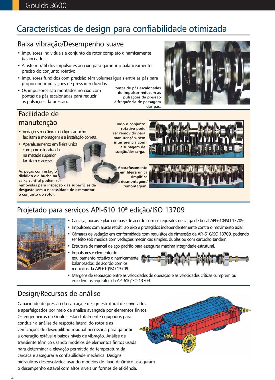 Impulsores fundidos com precisão têm volumes iguais entre as pás para proporcionar pulsações de pressão reduzidas.