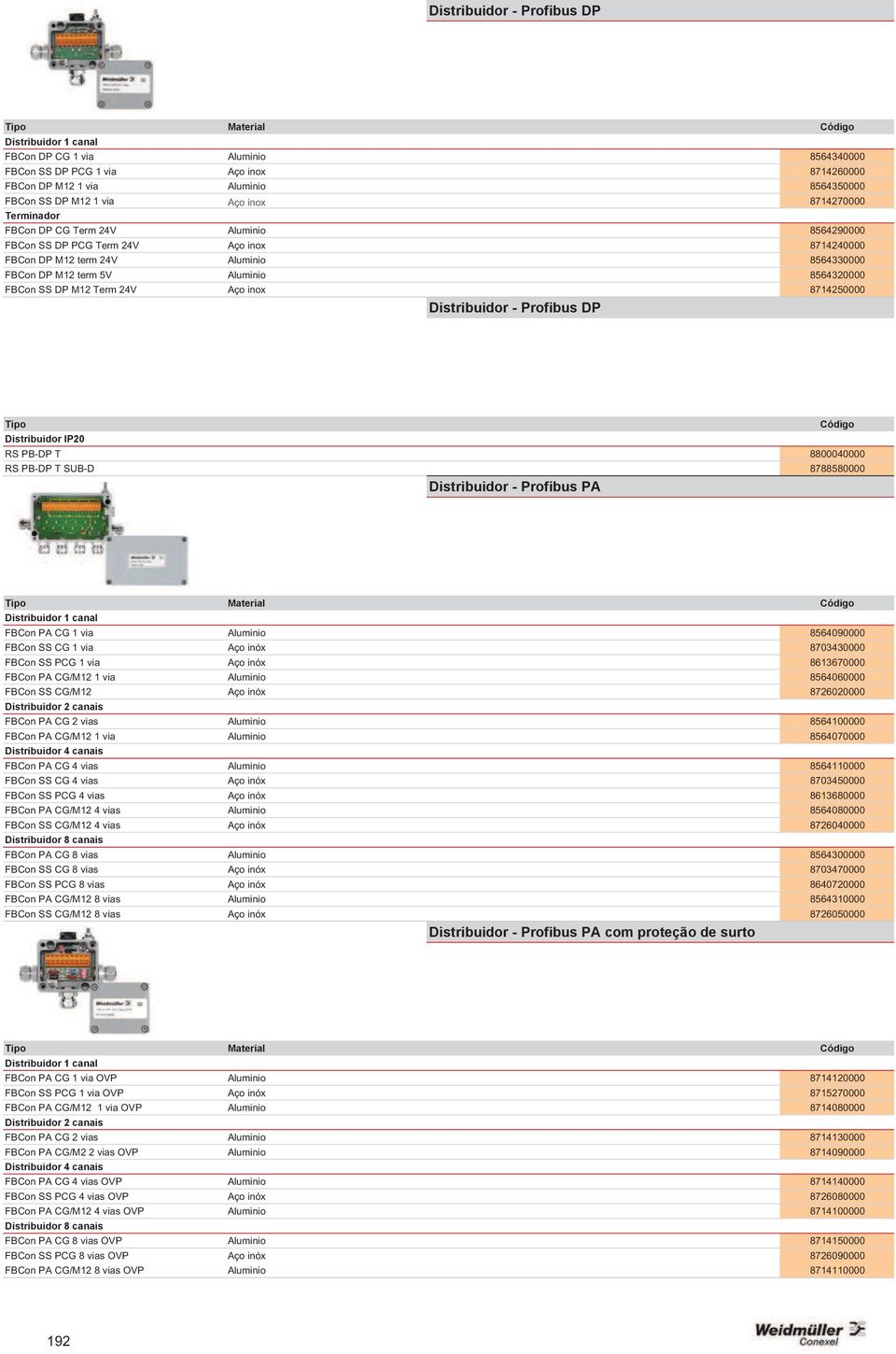 8564320000 FBCon SS DP M12 Term 24V Aço inox 8714250000 Distribuidor - Profibus DP Tipo Distribuidor IP20 RS PB-DP T 8800040000 RS PB-DP T SUB-D 8788580000 Distribuidor - Profibus PA Código Tipo