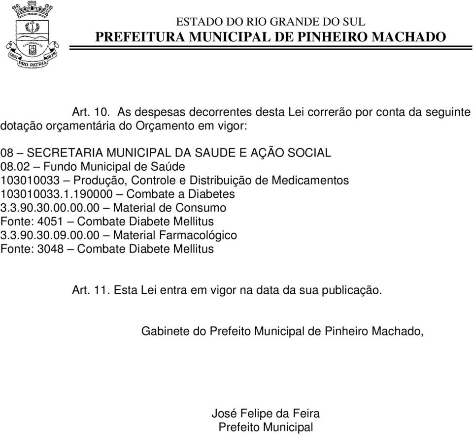 SOCIAL 08.02 Fundo Municipal de Saúde 103010033 Produção, Controle e Distribuição de Medicamentos 103010033.1.190000 Combate a Diabetes 3.3.90.30.00.00.00 Material de Consumo Fonte: 4051 Combate Diabete Mellitus 3.